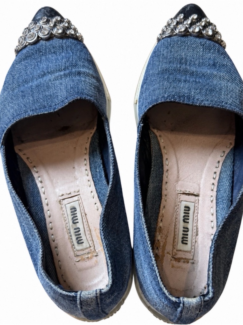 Miu Miu Denim Pointed Toe Flats with Silver And Crystal Embellished Cap
